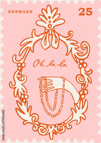 Cute Valentines day card design in trendy whimsical line art style. Vintage frame with flirtatious hand. Poster print design for 14 february. Fun red and pink wall art decoration. Vector illustration