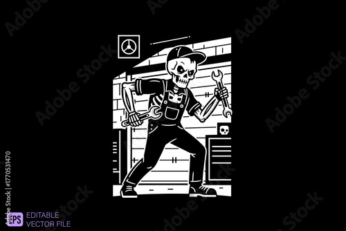 Skeleton Mechanic with Wrench in Garage.