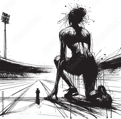 Monochrome abstract illustration of athlete poised in an empty s