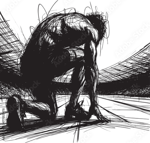 Abstract monochrome line art depicting an athlete preparing in s