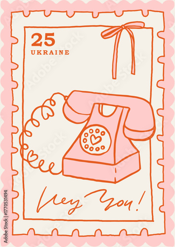 Cute Valentines day card or poster design in trendy whimsical line art style. Postage stamp print design for love letters. Fun red and pink wall art decoration. Vector illustration