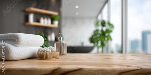 Wallpaper Mural blurred bathroom interior with a wooden table and white towels for product display montage or copy space background. blurred spa center in a modern design style, close-up. Torontodigital.ca