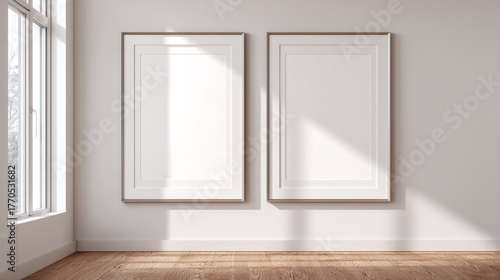 Two blank picture frames hanging on a white wall with a window and wooden floor