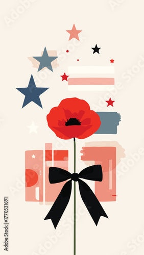 Red Poppies with American Flag Ribbon Veterans Day Design