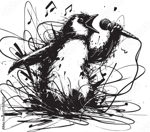 Expressive Monochrome Sketch of a Penguin Enthusiastically Perfo