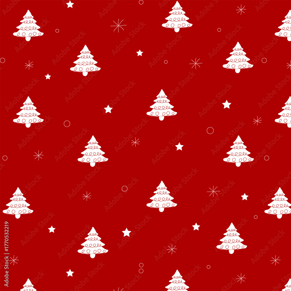 Obraz premium Seamless pattern with white Christmas trees, stars, and snowflakes on red background. Perfect for wrapping paper, festive textiles, holiday cards, and Christmas decorations.