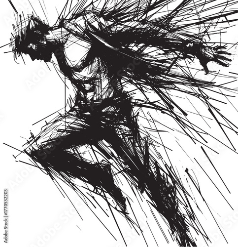 Dynamic abstract illustration of a figure in motion, ink lines d