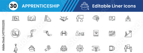 apprenticeship Icon Set,write 10 icons' names in this image, write with a comma
Apprentice, Mentor, Training, Skill, Tools, Graduation Cap, Book, Certificate, Workshop, Journeyman Vector line Icons il