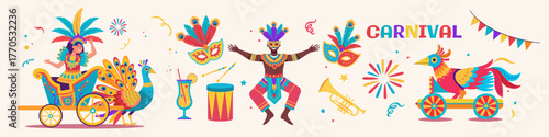 Carnival and festival celebration vector illustration. Dancing people, palm leaves, masks, and music party elements. Bright festive design for posters, cards, and summer event backgrounds.