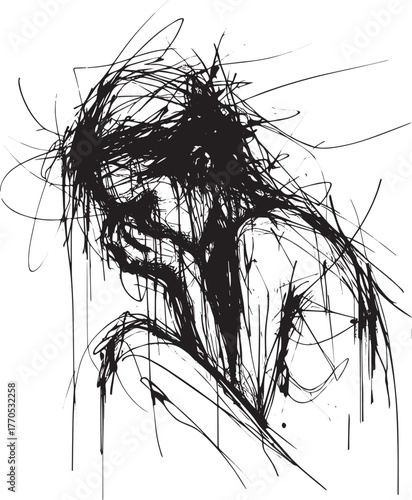 Abstract monochrome artwork portraying intense emotion and inner