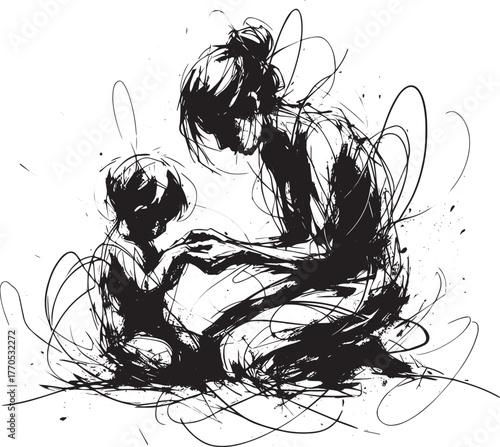 Abstract ink drawing: A mother lovingly guides her child's learn