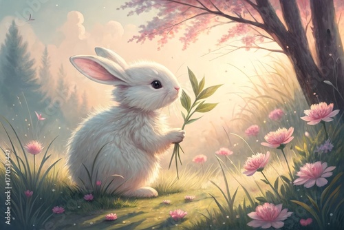 A cute white rabbit holding a green plant in a sunny field