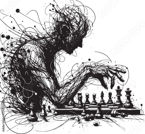 Expressive Line Art: Abstract Chess Player in Intense Concentrat