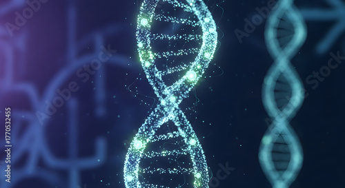 Glowing dna helix structure with futuristic digital particles and bokeh background
