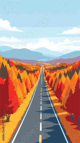 Scenic Road Through Autumn Forest with Mountains in Background