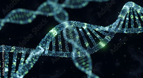 Abstract glowing dna helix with particles on a dark background