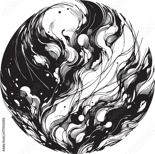 Abstract monochrome drawing depicting an organic and flowing pat