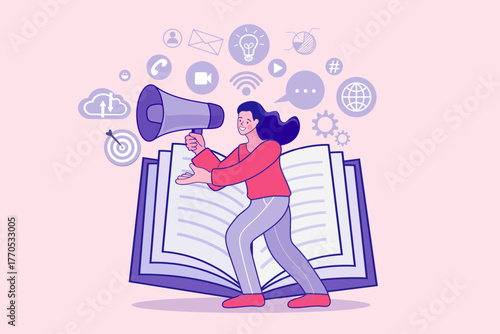 A woman with a megaphone stands on a book, surrounded by digital marketing icons. This duotone outline illustration symbolizes content marketing, storytelling, and knowledge promotion.