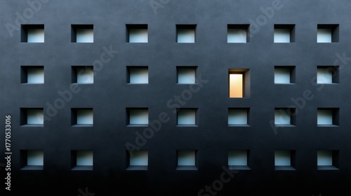 Ultra-minimalist architectural photograph of a dark, almond-black textured wall with a grid of square windows, one of which is brightly lit by the sunset