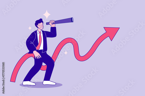 A businessman with a telescope stands on a wavy upward arrow. This duotone outline illustration symbolizes business vision, market forecasting, and navigating growth trends.