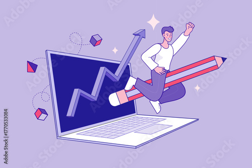 A man riding a pencil rocket flies from a laptop with a growth graph. This duotone outline illustration symbolizes a successful creative project launch and digital startup growth.