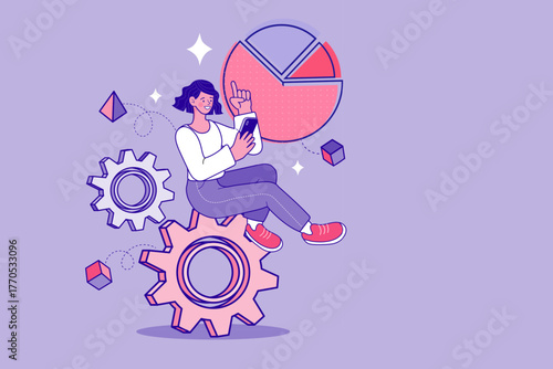A woman sits on a gear, holding a smartphone and pointing at a pie chart. This duotone outline illustration symbolizes data analysis, business process management, and workflow optimization.