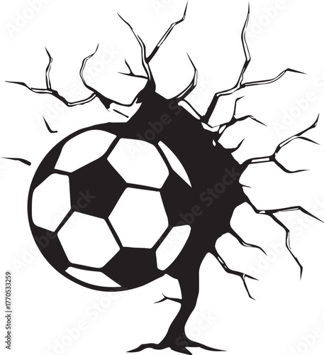  a soccer ball smashing into a white wall, with jagged cracks radiating outward from the impact point.