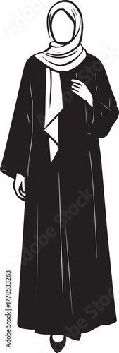  a poised Muslim woman wearing a flowing black abaya paired with a crisp white hijab, styled with grace and modesty