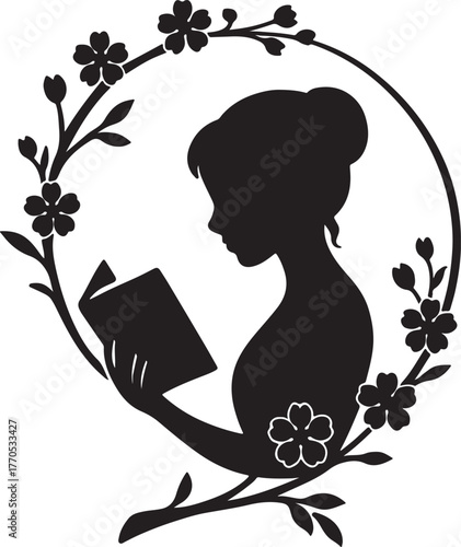a woman reading a book framed by a circular floral cherry blossom branch design silhouette vector