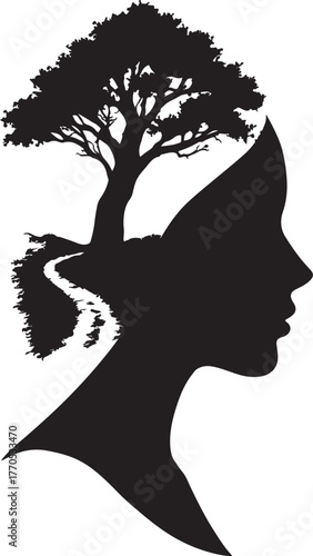 a woman s profile with a tree growing from her head and a path leading into the distance ON white background