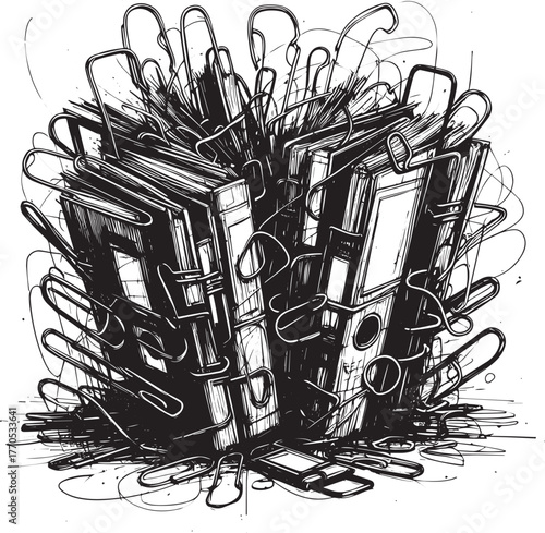 Chaotic binder organization artistic line work expressive office