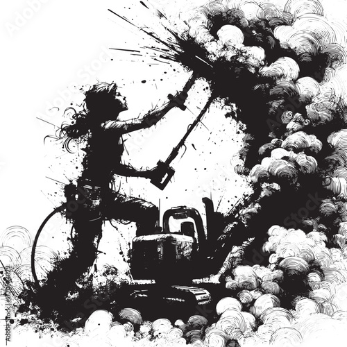 Abstract monochrome artwork depicting a woman operating heavy ma