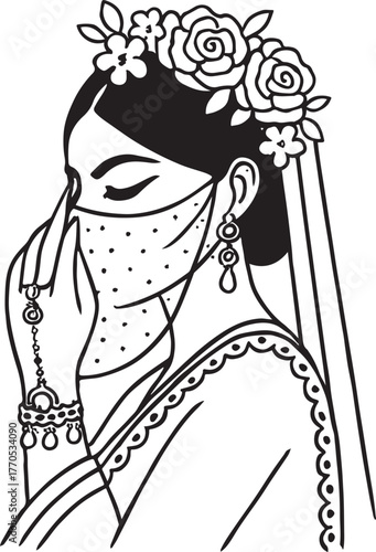  Elegant woman with flower crown and veil covering face with hand in traditional attire silhouette vector