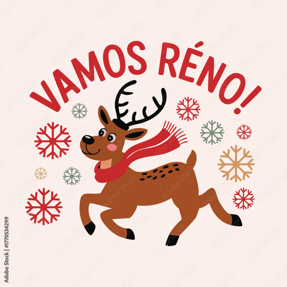 Fototapeta premium Vamos Reno Christmas Spanish Holiday Reindeer typography Vector for Festive Season