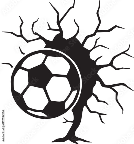  football ball hit the wall and it's cracked Soccer ball smash the white wall with cracks hole silhouette vector