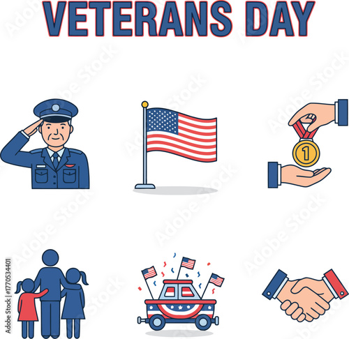 Modern flat icon set for veterans day featuring saluting soldier, american flag, medal award, family support, parade car, and handshake in patriotic design