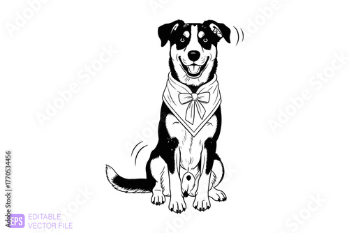 Happy black and white dog with bandana sitting and wagging tail.