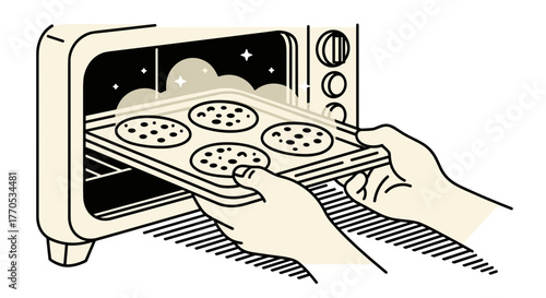 Hands placing freshly baked cookies into oven with glowing lights  