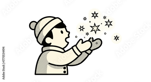 Child catching glowing snowflakes during winter in cozy clothing  