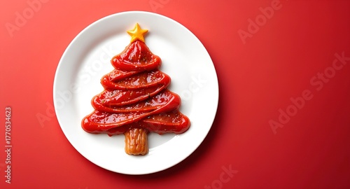 Tomato ketchup is presented in the form of Christmas tree on a white plate with a red background