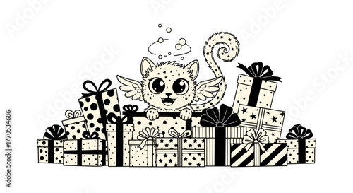 Cute cat with wings sitting among stacked gifts on white background  