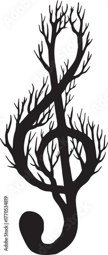  treble clef formed entirely from the twisting trunks and branches of a forest, rendered in bold black against a clean white background.