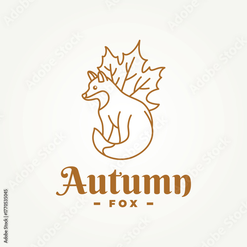 minimalist autumn fox with autumn leaves line art icon logo vector illustration design