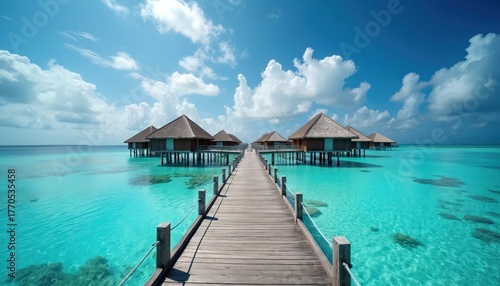 Over water bungalows with thatched roofs sit over clear turquoise sea. Wooden pier leads to serene island resort. Bright blue sky with fluffy clouds frames tropical paradise vacation destination.
