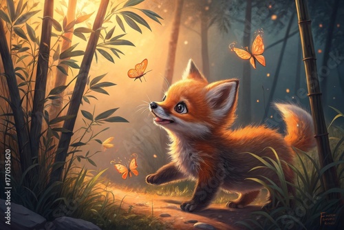Baby fox chasing butterflies near bamboo in bright sunlight