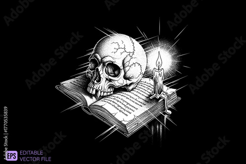 Skull and Candle on Open Book Dark Art Illustration.