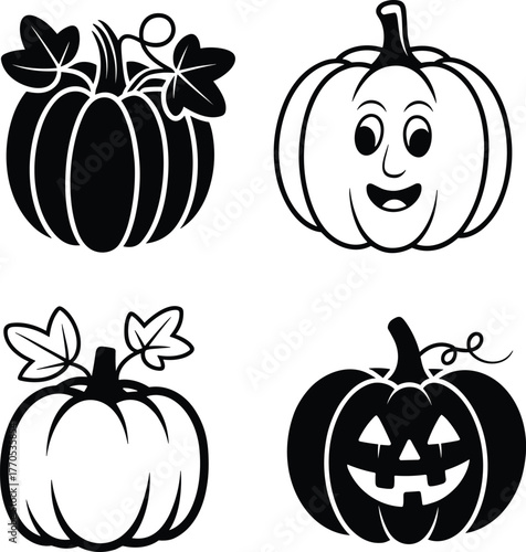 Black and white pumpkin and jack o lantern illustration set, halloween vegetable icons collection, cute spooky face design vector