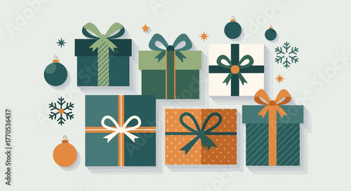 Modern flat design of Christmas gift boxes with ribbons and ornaments