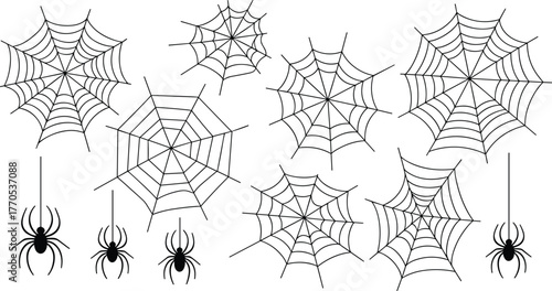 WebBlack and white spider web and spider illustration set, Halloween design elements collection, creepy cobweb decoration, vector silhouette background