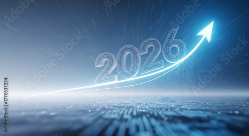 New Year 2026 with a rising arrow graph. Concept of a positive business forecast, financial growth, future success, and market trends.